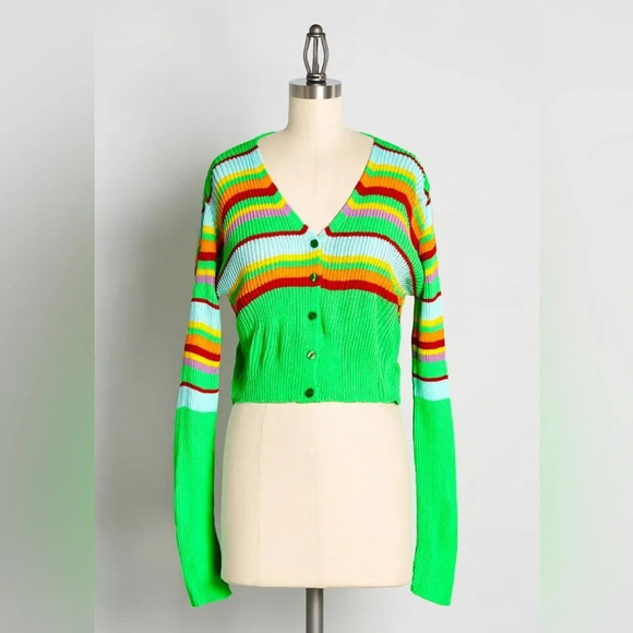 DAISY STREET x MODCLOTH‎ Scream for Green Cardigan in Neon Green Stripes - Picture 1 of 8